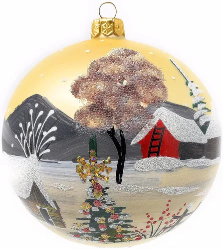 Vista 5 de Adorno navideño de vidrio soplado de Polish Gallery, bola grande dorada, colgante, 5 pulgadas/120 mm, pintado a mano, paisaje invernal campestre