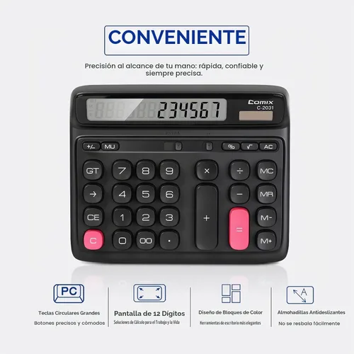 Vista 6 de Comix Calculadora de escritorio con pantalla LCD grande de 12 dígitos, batería solar de doble alimentación, calculadora básica con teclas grandes