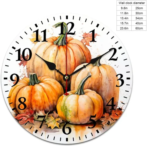Vista 2 de Reloj de pintura de tinta acuarela amarillo verde calabazas hojas redondo creativo reloj decorativo sin tictac Acción de Gracias o Halloween reloj