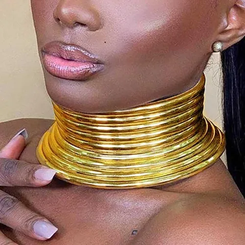 Vista 2 de Fstrend Gargantilla nacional africana de cuero dorado grueso punk collar gótico para mujer
