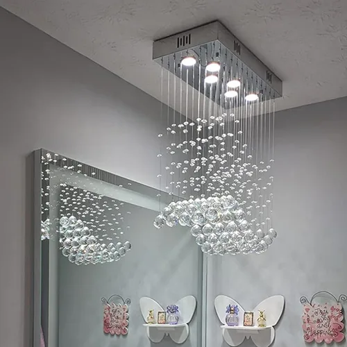Vista 8 de Araña moderna de onda, araña rectangular de cristal con gotas de lluvia, montaje empotrado, lámpara colgante de techo cromada, ideal para comedor