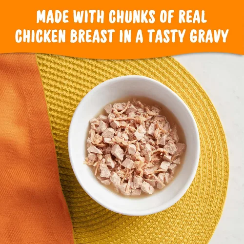Vista 5 de Meow Mix Trozos en salsa, comida húmeda para gatos con pechuga de pollo real, 12 tazas