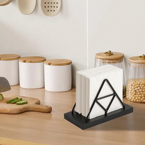 Vista 7 de Servilletero, forma triangular de alambre de metal y soporte de toalla de papel de madera, servilletero para mesa, dispensador de servilletas