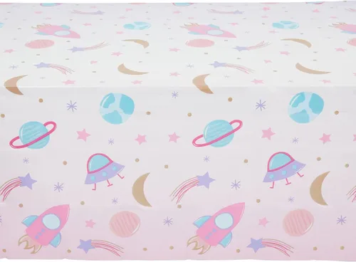 Vista 4 de Blue Panda Funda rectangular de plástico para mesa espacial, funda de plástico desechable duradera, decoración de fiesta de galaxia y decoraciones