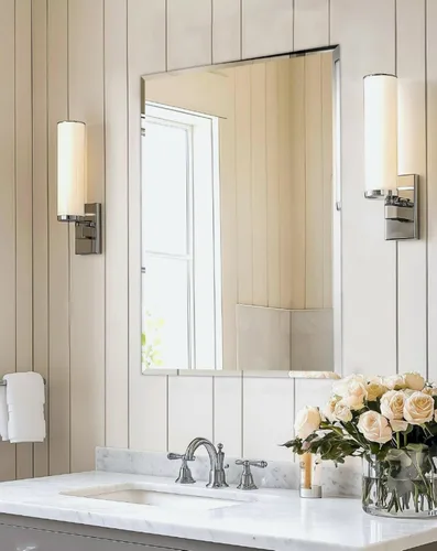 Vista 18 de Espejo de pared ovalado sin marco: Espejo decorativo elíptico de vidrio espejado para tocador con borde plateado biselado para baño, dormitorio