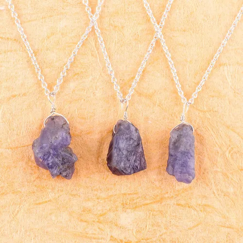 Vista 4 de Collar de tanzanita cruda, collar chapado en plata, cristal de piedras preciosas ásperas, piedra curativa, piedra natal de diciembre, capas, novia