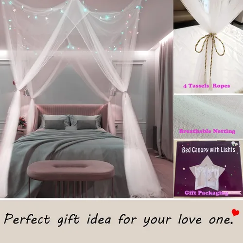 Vista 4 de Obrecis - Dosel de cama blanco con luces de estrella para niñas, cortinas de cama de princesa de 8 esquinas con 100 luces LED en forma de estrella