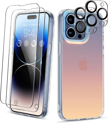 Vista 7 de CAPRARO Funda compatible con el teléfono 15 Pro, funda mate translúcida iridiscente fluorescente, 2 protectores de pantalla + 2 protectores