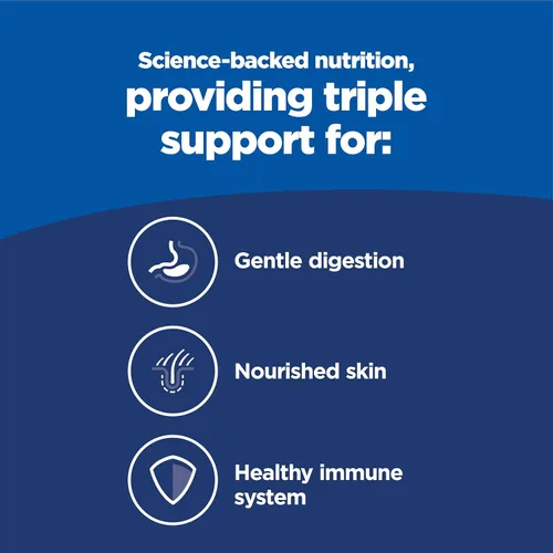 Vista 5 de Hill's Science Diet Alimento húmedo para gatos con estómago y piel sensible para adultos, pollo y carne de res, bolsas de 2.8 onzas, paquete de 24