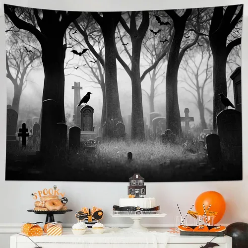 Vista 4 de LB Tapiz espeluznante de cementerio de Halloween, lápida aterradora con árboles muertos, tapiz de bosque para colgar en la pared, tapiz de fondo