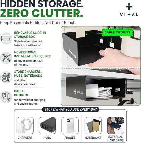Vista 7 de VI+AL Soporte para laptop debajo del escritorio - Estante oculto de metal con almacenamiento lateral, gancho y organizador de cables - Se instala
