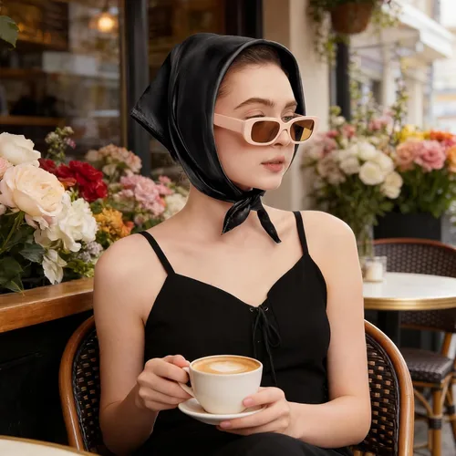 Vista 2 de American Trends Pañuelo cuadrado de satén para cabeza y cuello para mujer 01 Negro