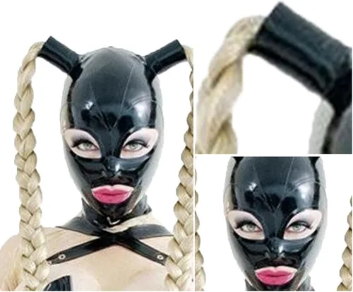 Vista 6 de Peluca de látex con capucha de látex unisex para fiestas, peluca de cola de caballo abierta para parejas sexys, cosplay, máscara facial