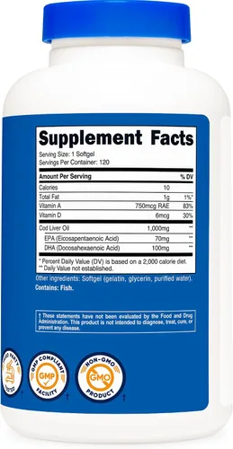 Vista 5 de Nutricost Aceite de hígado de bacalao 1000 mg, 120 cápsulas blandas, sin OMG y sin gluten