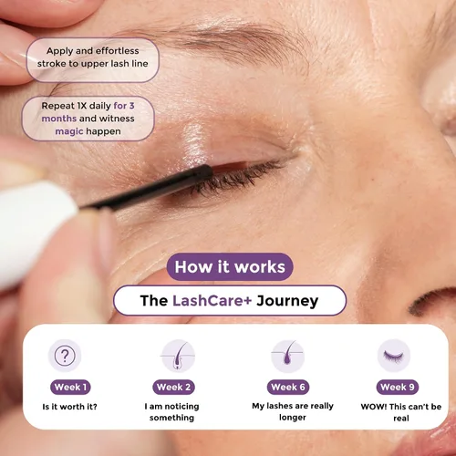Vista 4 de LashCare+ Suero para mejorar las pestañas para mujeres maduras, pestañas más largas y gruesas en 12 semanas, para ojos sensibles, crecimiento