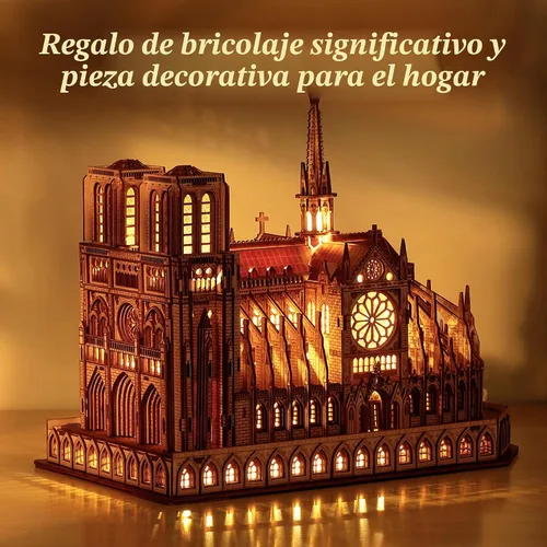 Vista 6 de FUNPOLA Rompecabezas 3D de Madera LED - Modelo de Arquitectura de Notre Dame de París Edición Nocturna con Iluminación LED - Kit de Artesanía