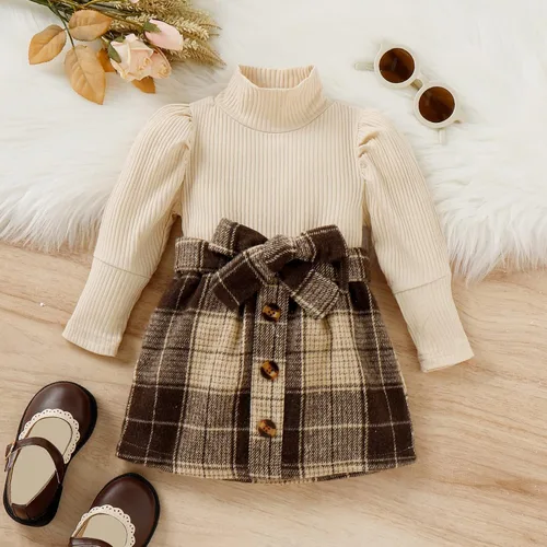Vista 2 de Fernvia Conjunto de falda de otoño e invierno para niña pequeña, camiseta de manga larga acanalada con cuello alto y falda a cuadros, vestido de 2