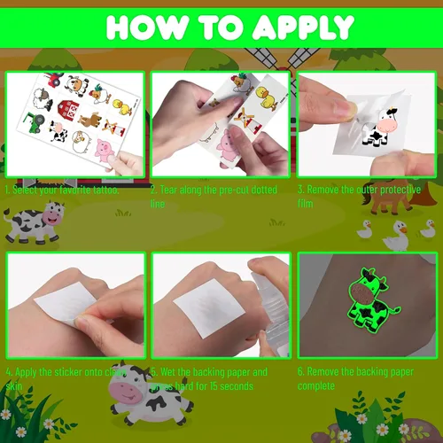 Vista 8 de 96 tatuajes temporales de animales de granja brillantes Pegatinas luminosas de tractor de granja para niños, recuerdos y decoraciones de fiesta