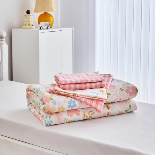 Vista 6 de Joyreap Juego de ropa de cama de algodón de 4 piezas para niñas, diseño de flores rosas, juego de edredón de algodón suave y transpirable, incluye