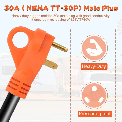 Vista 3 de Cable adaptador de RV macho de 30 amperios a hembra de 50 amperios de 12 pulgadas, adaptador eléctrico resistente con mango TT-30P macho a 14-50R