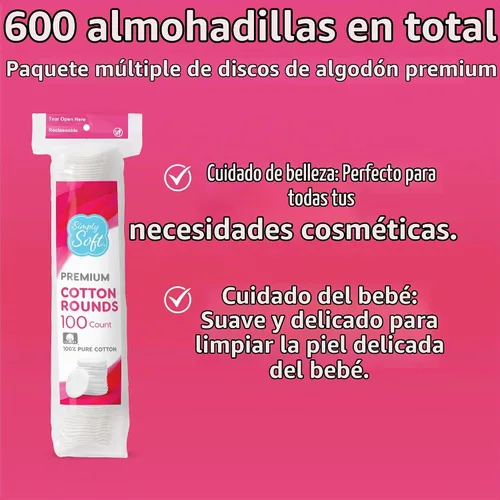 Vista 3 de Simply Soft - Redondas de algodón de alta calidad, 100% algodón puro, almohadillas de algodón absorbente, 100 unidades (paquete de 6)
