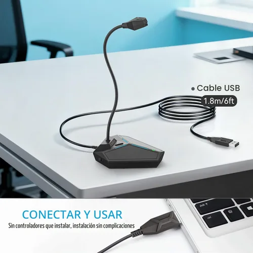 Vista 4 de Micrófono de computadora USB, micrófono de escritorio omnidireccional de condensador Plug & Play para PC y portátil, botón de silencio con indicador