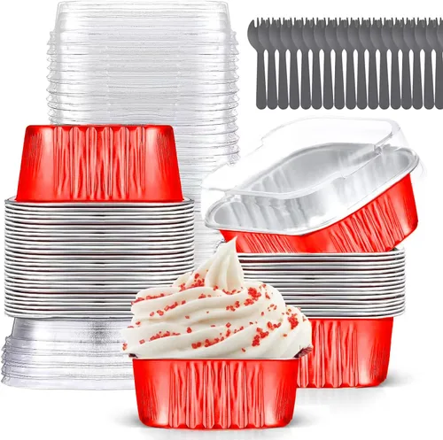 Vista 8 de Findful - Juego de 40 moldes cuadrados de papel de aluminio para cupcakes de 10 oz con tapas, moldes para brownies, moldes desechables grandes