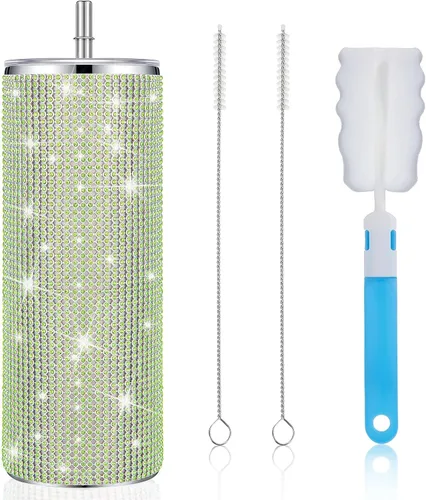Vista 13 de Tessco Vasos Tumbler con Pedrería Brillante con Pajita Botella de Agua con Purpurina Tumbler de Pajita de Acero Inoxidable Vaso Aislado con Pedrería