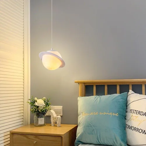Vista 4 de Lámpara colgante de planeta con anillo de impresión 3D con bolas blancas, lámpara colgante de techo moderna para dormitorio, comedor, mesa
