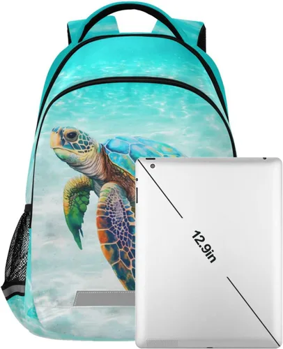 Vista 5 de Mochila para niños y niñas, mochila de viaje con flores de caballo blanco, mochila de escuela primaria para niños y niñas, tortuga marina, Mochilas