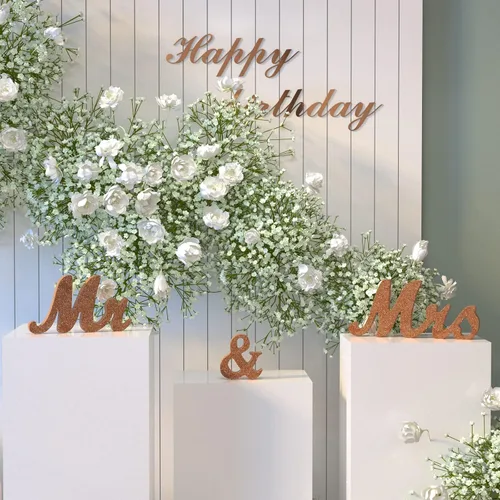 Vista 5 de Señal de Mr & Mrs para mesa de boda, letrero grande de madera de oro rosa con texto en inglés "Mr and Mrs & Just Married", decoración de mesa