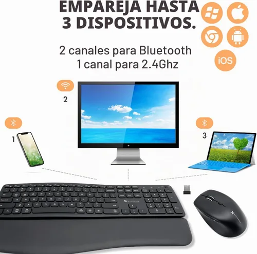 Vista 4 de Teclado y mouse inalámbricos retroiluminados X9 (Bluetooth + 2.4G) Combo ergonómico de teclado y mouse inalámbrico con reposamuñecas, recargable