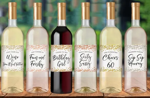 Vista 5 de Printed Party Etiquetas para botellas de vino de cumpleaños número 60, confeti, juego de 6