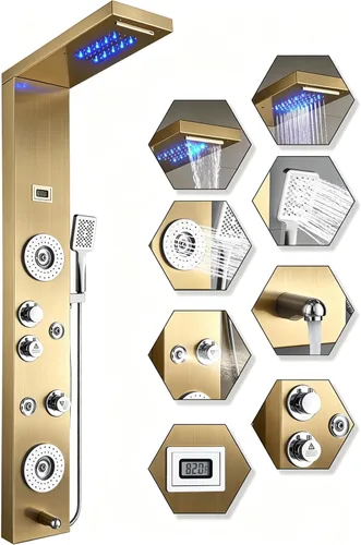 Vista 11 de Sistema de panel de ducha de acero inoxidable tipo torre de Ello&Allo, cabezal de LED, modo cascada o lluvia; sistema de hidromasaje con chorros
