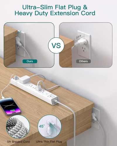 Vista 5 de 2 paquetes de tira de alimentación con protector de sobretensión - 5 salidas ampliamente espaciadas 4 puertos USB, cable de extensión de 5 pies
