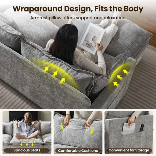Vista 6 de ovios Sofá modular Cloud de 108 pulgadas con 2 otomanas, sofá en forma de U de 5 plazas, cómodos sofás de felpilla con 5 almohadas para sala de Gris
