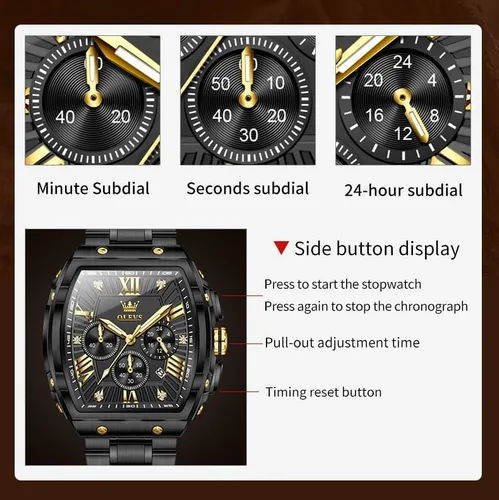 Vista 6 de OLEVS Relojes para Hombres Cronógrafo Impermeable Cara Rectangular Fase Lunar Correa de Acero Inoxidable Relojes de Vestir para Hombres Luminoso