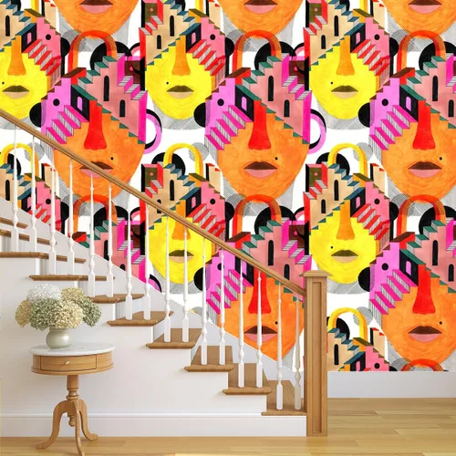 Vista 8 de Papel tapiz abstracto para escaleras, 17.71 x 118.1 pulgadas, color naranja y amarillo, papel de contacto brillante para pegar en papel de pared