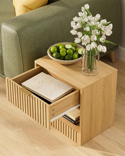 Vista 5 de Mesita de noche pequeña, mesita de noche moderna, mesita de noche con cajón y estante abierto, diseño de cubo, mesa auxiliar pequeña
