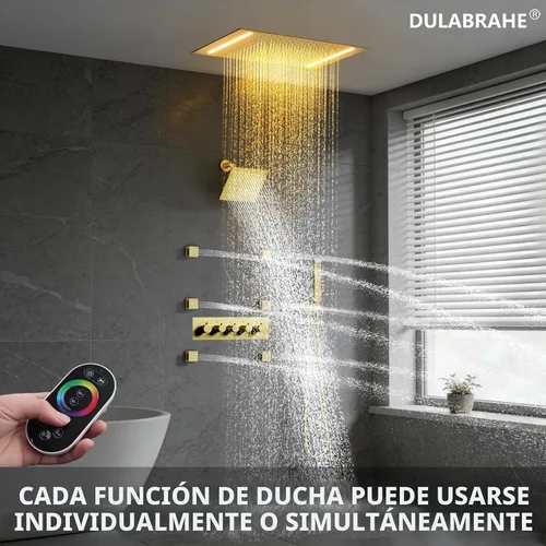 Vista 2 de Sistema de ducha termostático y cabezal de ducha de lluvia LED de techo de Oro cepillado