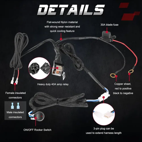 Vista 3 de OFFROADTOWN - Arnés de cableado, kit de arnés de cableado de 1 cable resistente para luces antiniebla, barra de luz de trabajo LED, vainas LED de 12