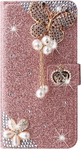 Vista 8 de XYX Funda tipo cartera para Samsung Galaxy A32 5G, Bling Glitter Crown Butterfly Diamond Flip Card Slot Luxury Girl Women Phone Cover - Negro