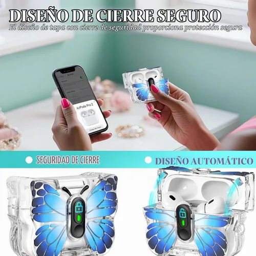 Vista 2 de R-fun Funda para AirPods Pro 2 Butterfly Artistry - Tapa desplegable automática y función de soporte, protección de grado militar de 360°