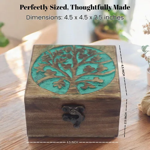 Vista 40 de Urna de madera antigua hecha a mano con grabado del árbol de la vida tallada a mano para mujeres y hombres, joyas Acentos de decoración del hogar