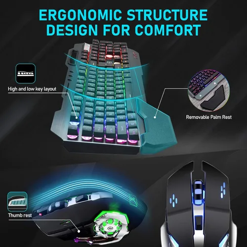 Vista 8 de Teclado inalámbrico para juegos y altavoz de computadora con cable con batería recargable con retroiluminación RGB arco iris mecánico ergonómico