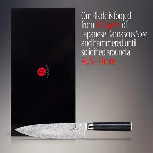 Vista 3 de Deco Chef Cuchillo de chef profesional de acero de Damasco de alto carbono de 8 pulgadas, 67 capas AUS-10, calidad japonesa afilada con mango