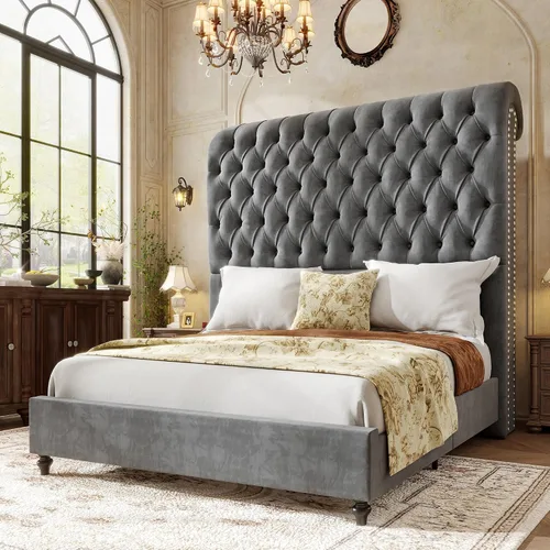 Vista 11 de Jocisland Base de cama Queen con cabecera tapizada de terciopelo de 59 Negro