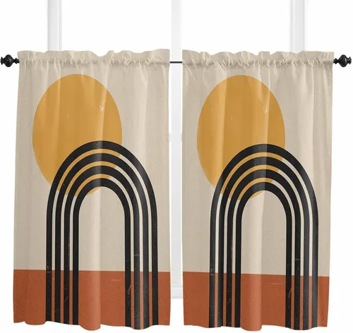 Vista 70 de Cortina de ventana ajustable con lazos para ventana, cenefa de cocina para sala de estar, arte abstracto, sol y arco iris, bolsillo para barra