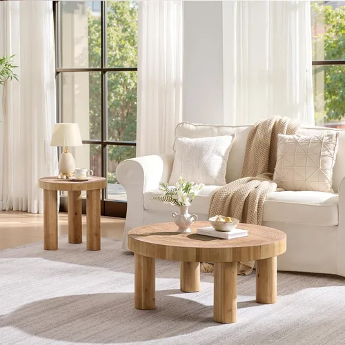 Vista 8 de RUSTOWN - Mesa auxiliar redonda de 2 piezas con patas gruesas de madera maciza Rustic Coffee Table Sets, Natural Circle Wooden Ring Finish