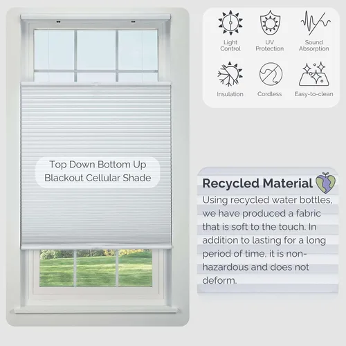 Vista 5 de Linen Avenue Persiana opaca celular inalámbrica de arriba hacia arriba de abajo 18 1/2 pulgadas de ancho x 48 pulgadas de alto, color blanco